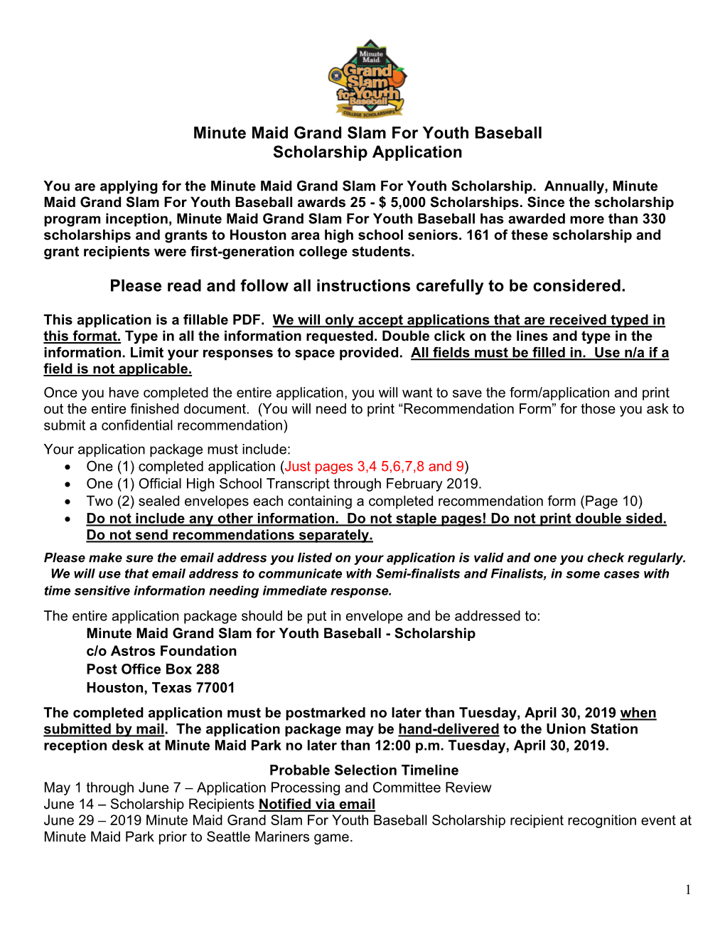 Minute Maid Grand Slam for Youth Baseball Scholarship Application