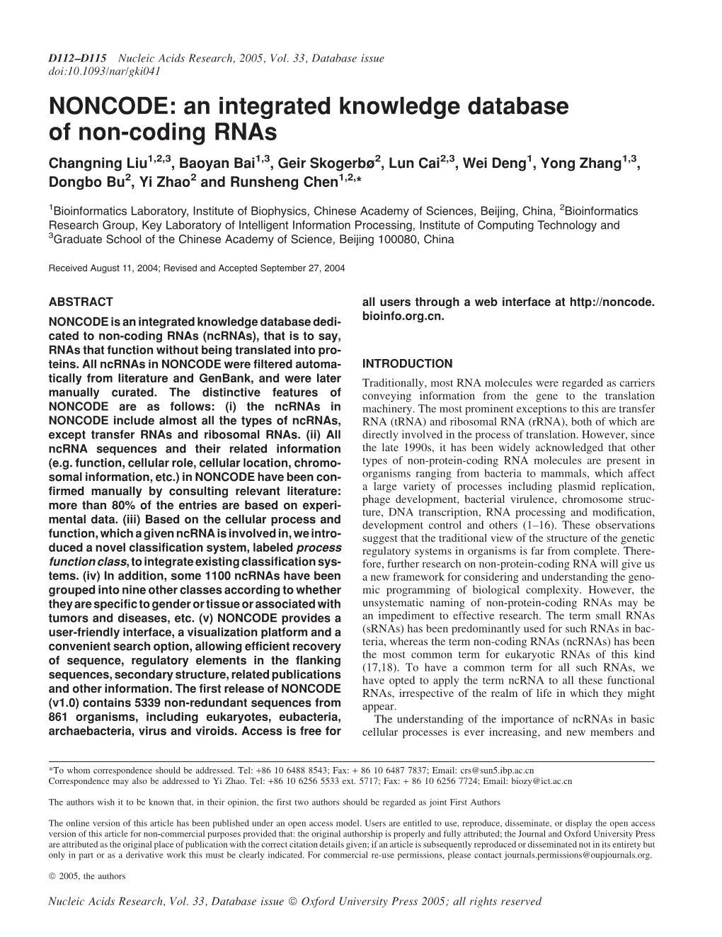 NONCODE: an Integrated Knowledge Database of Non-Coding Rnas