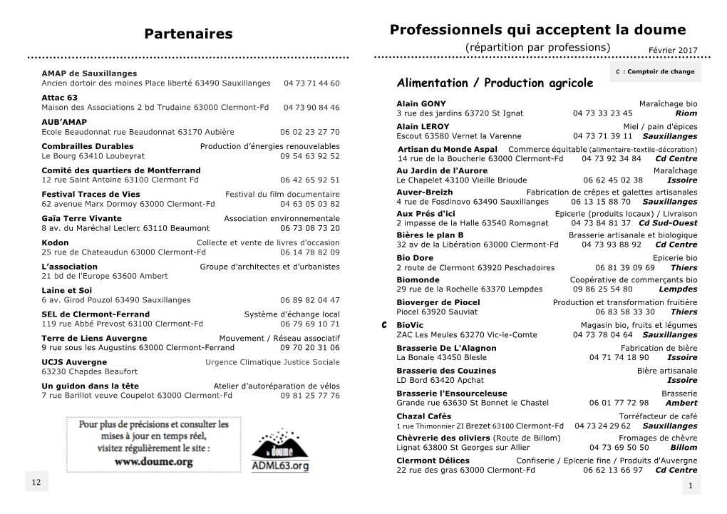 Partenaires Professionnels Qui Acceptent La Doume (Répartition Par Professions) Février 2017