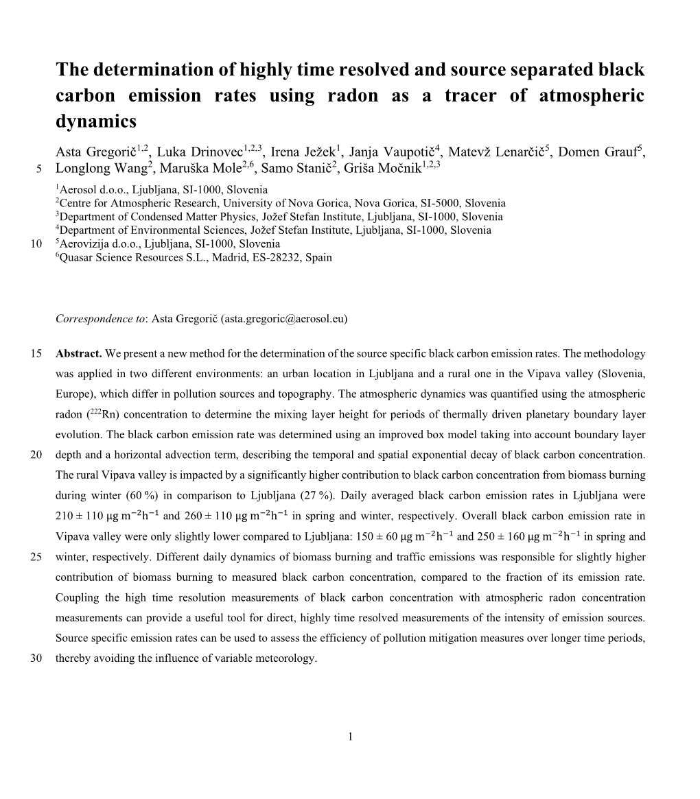 The Determination of Highly Time Resolved and Source Separated Black Carbon Emission Rates Using Radon As a Tracer of Atmospheri