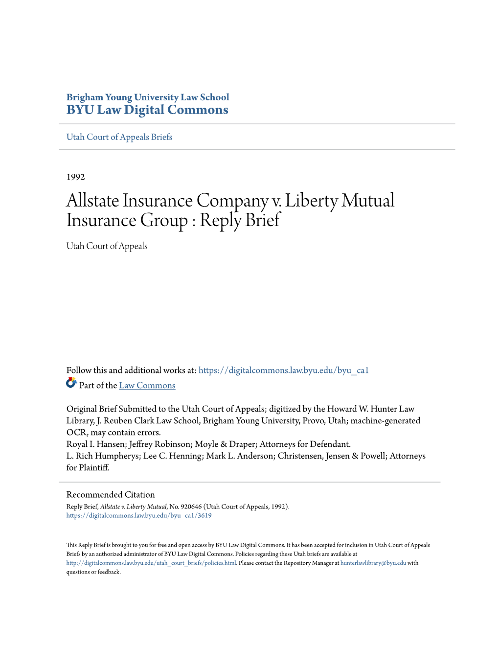 Allstate Insurance Company V. Liberty Mutual Insurance Group : Reply Brief Utah Court of Appeals