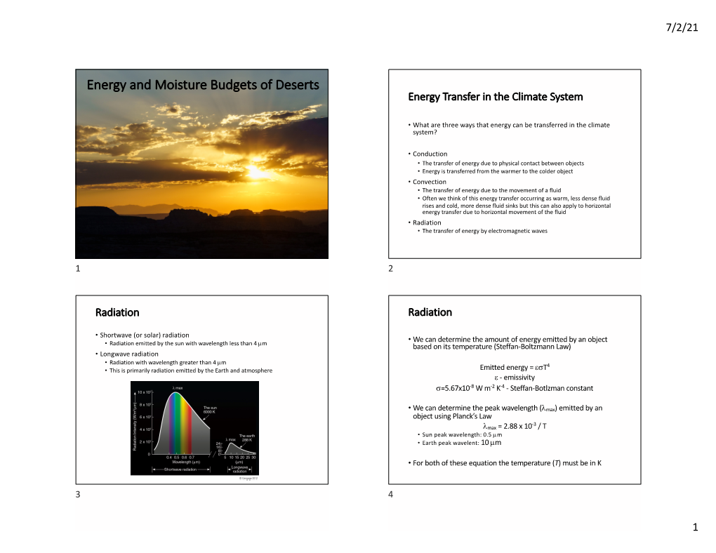 Energy and Moisture Budgets of Deserts Energy Transfer in the Climate System