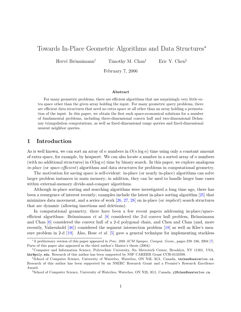 Towards In-Place Geometric Algorithms and Data Structures∗