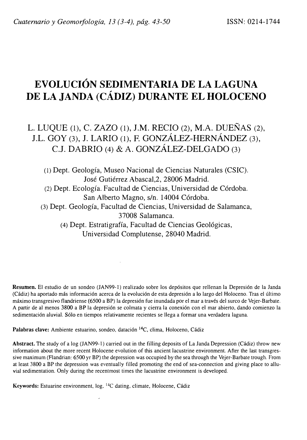 Evolucion Sedimentaria De La Laguna De La Janda (Cadiz) Durante El Holoceno