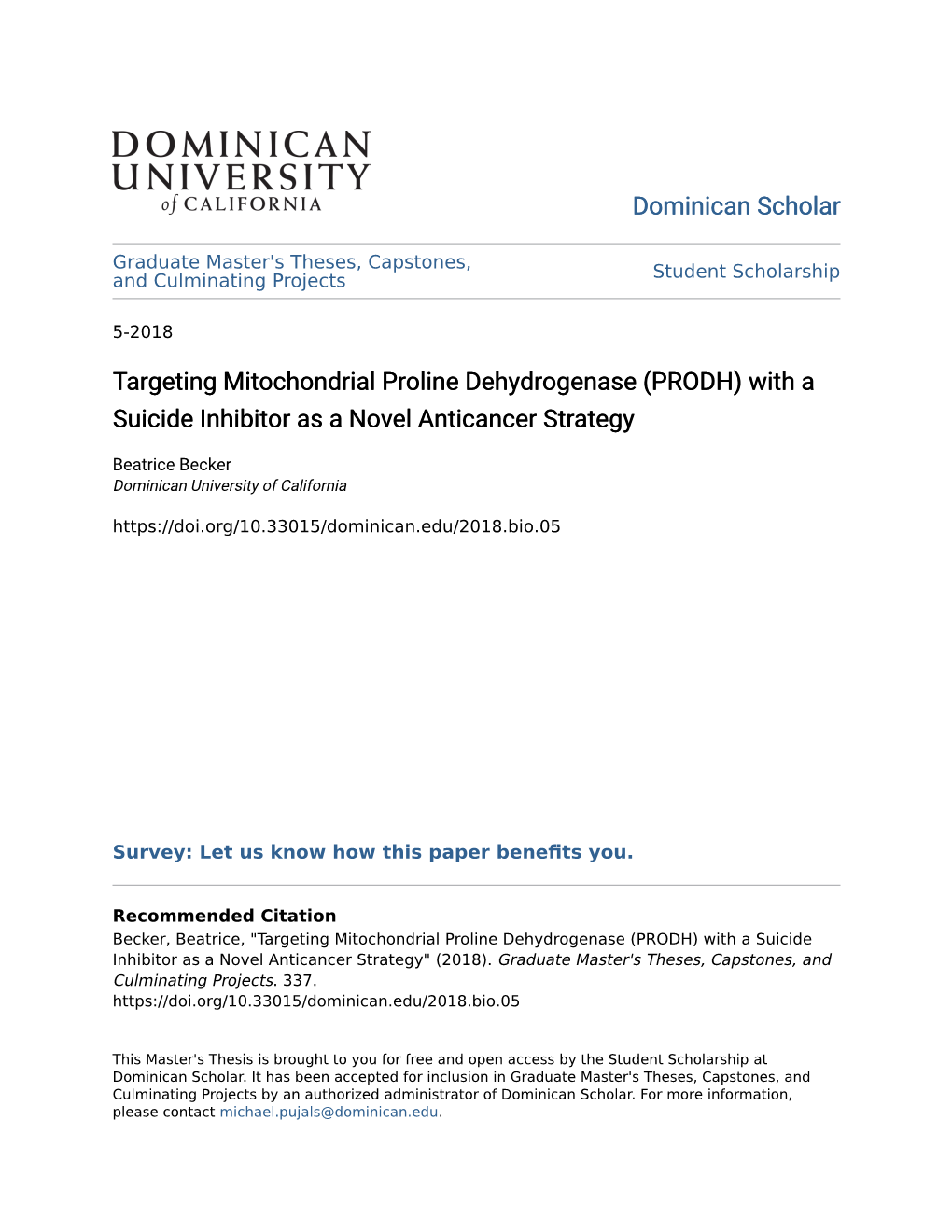 Targeting Mitochondrial Proline Dehydrogenase (PRODH) with a Suicide Inhibitor As a Novel Anticancer Strategy