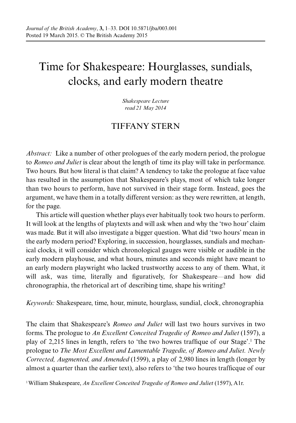 Time for Shakespeare: Hourglasses, Sundials, Clocks, and Early Modern Theatre