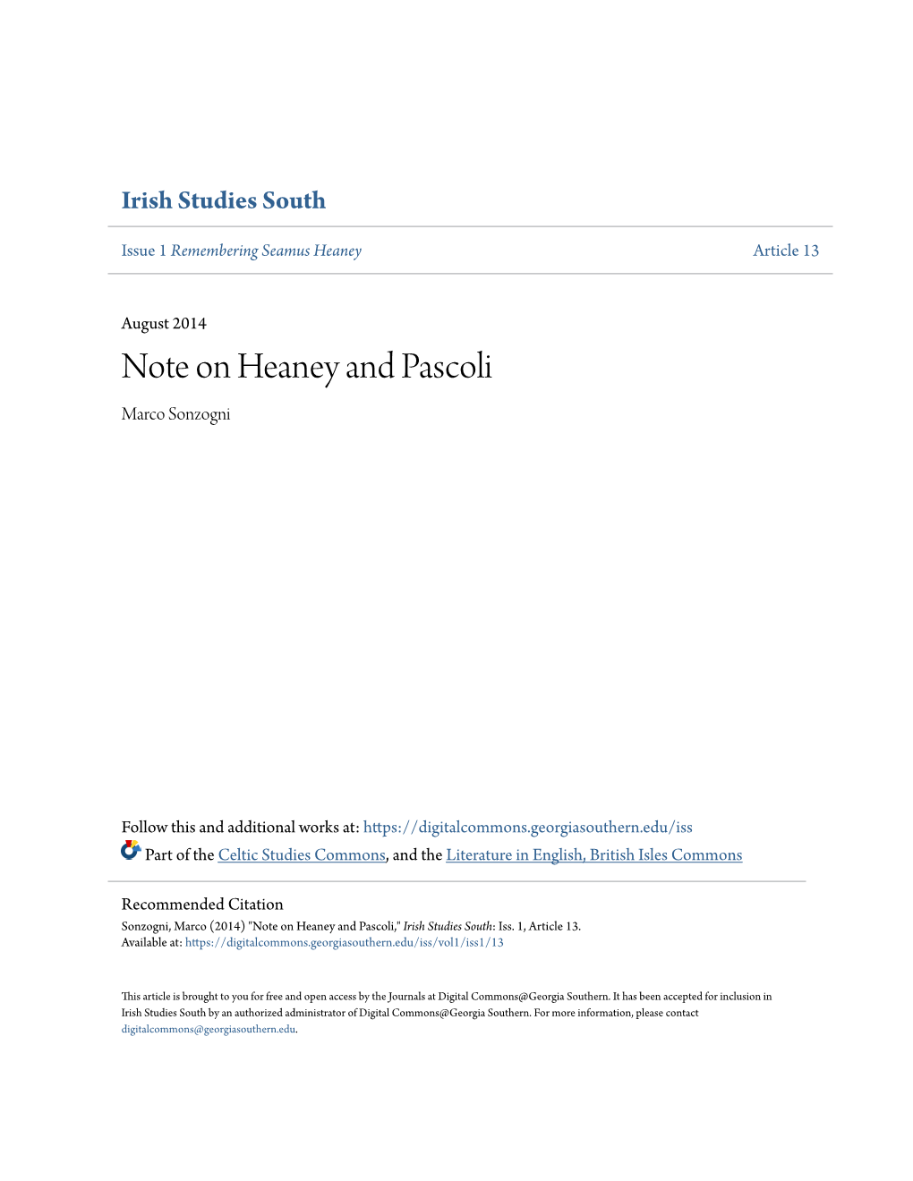 Note on Heaney and Pascoli Marco Sonzogni