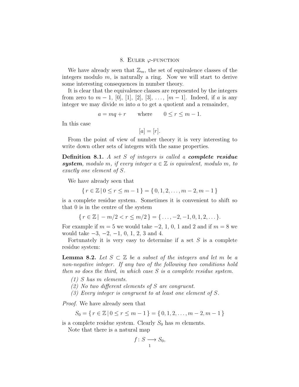 8. Euler Φ-Function We Have Already Seen That Zm, the Set of Equivalence