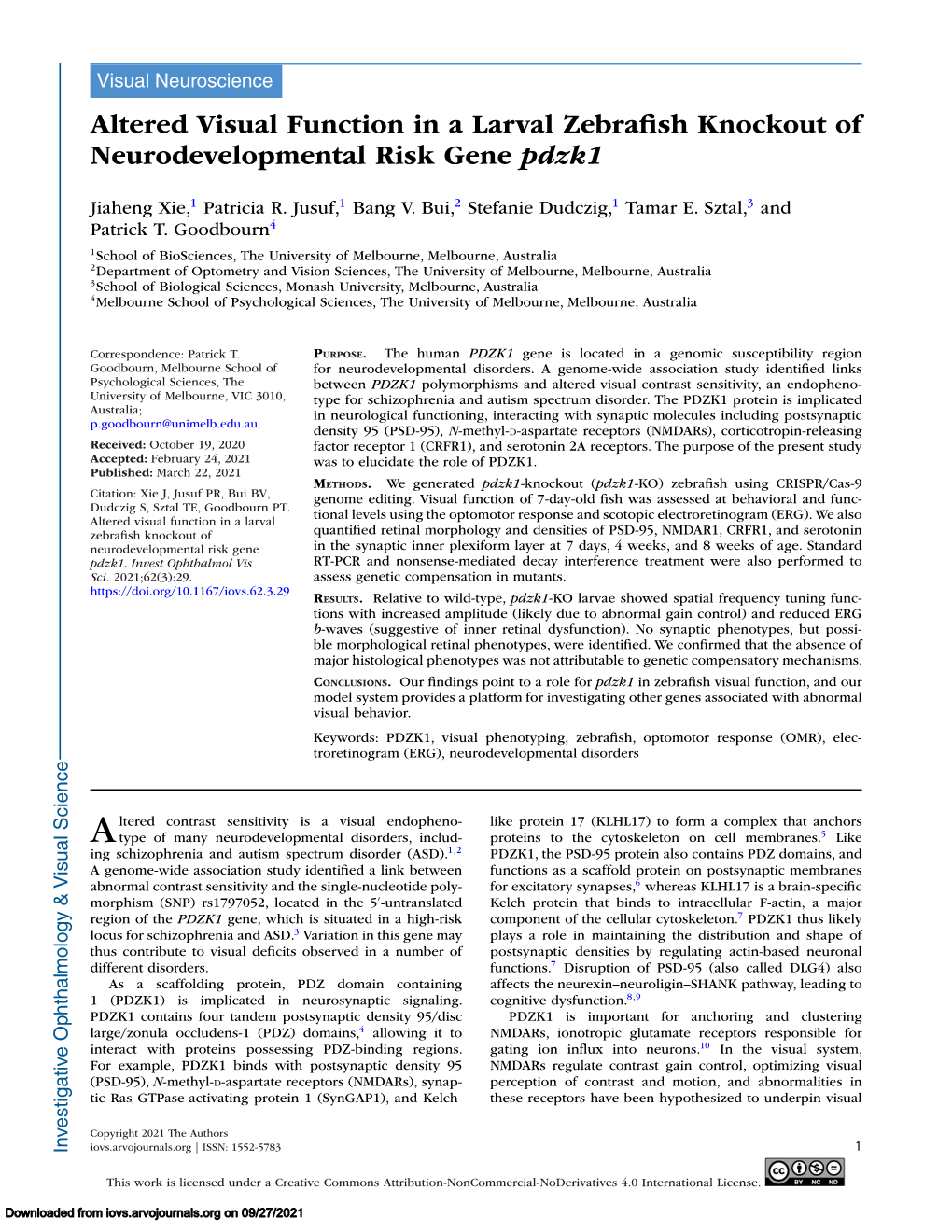 Altered Visual Function in a Larval Zebrafish Knockout of Neurodevelopmental Risk Gene Pdzk1