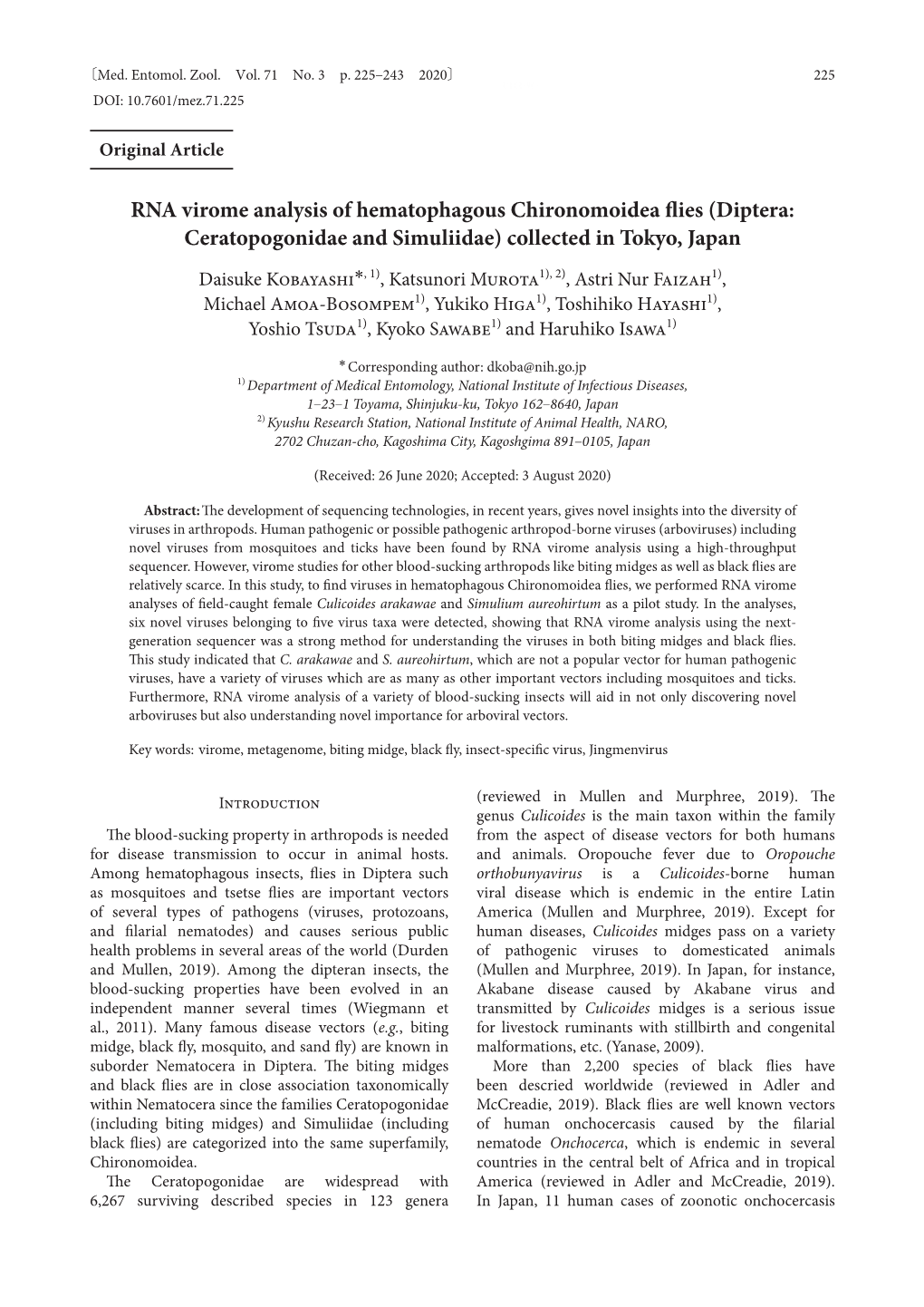 RNA Virome Analysis of Hematophagous Chironomoidea Ies (Diptera: Ceratopogonidae and Simuliidae) Collected in Tokyo, Japan