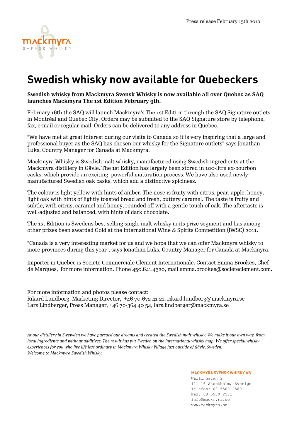 Swedish Whisky Now Available for Quebeckers