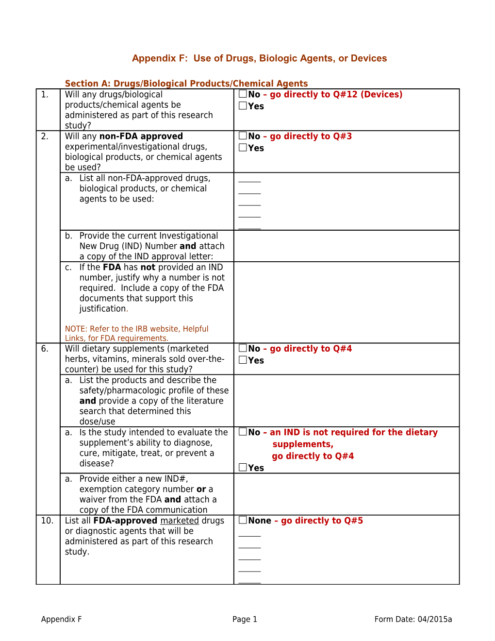 Appendix F: Use of Drugs, Biologic Products, Or Devices