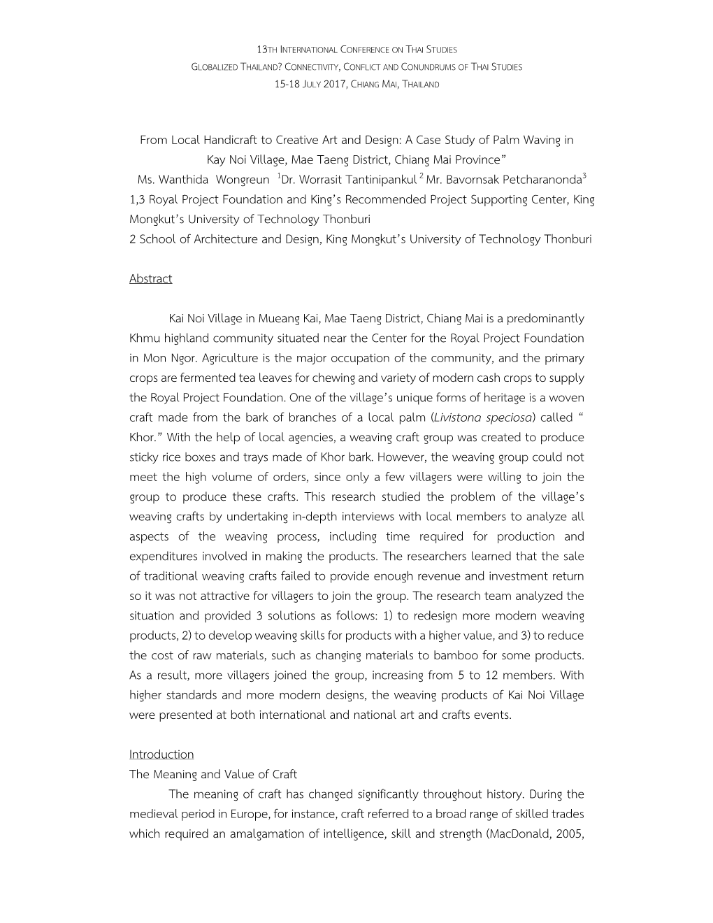 From Local Handicraft to Creative Art and Design: a Case Study of Palm Waving in Kay Noi Village, Mae Taeng District, Chiang Mai Province” Ms