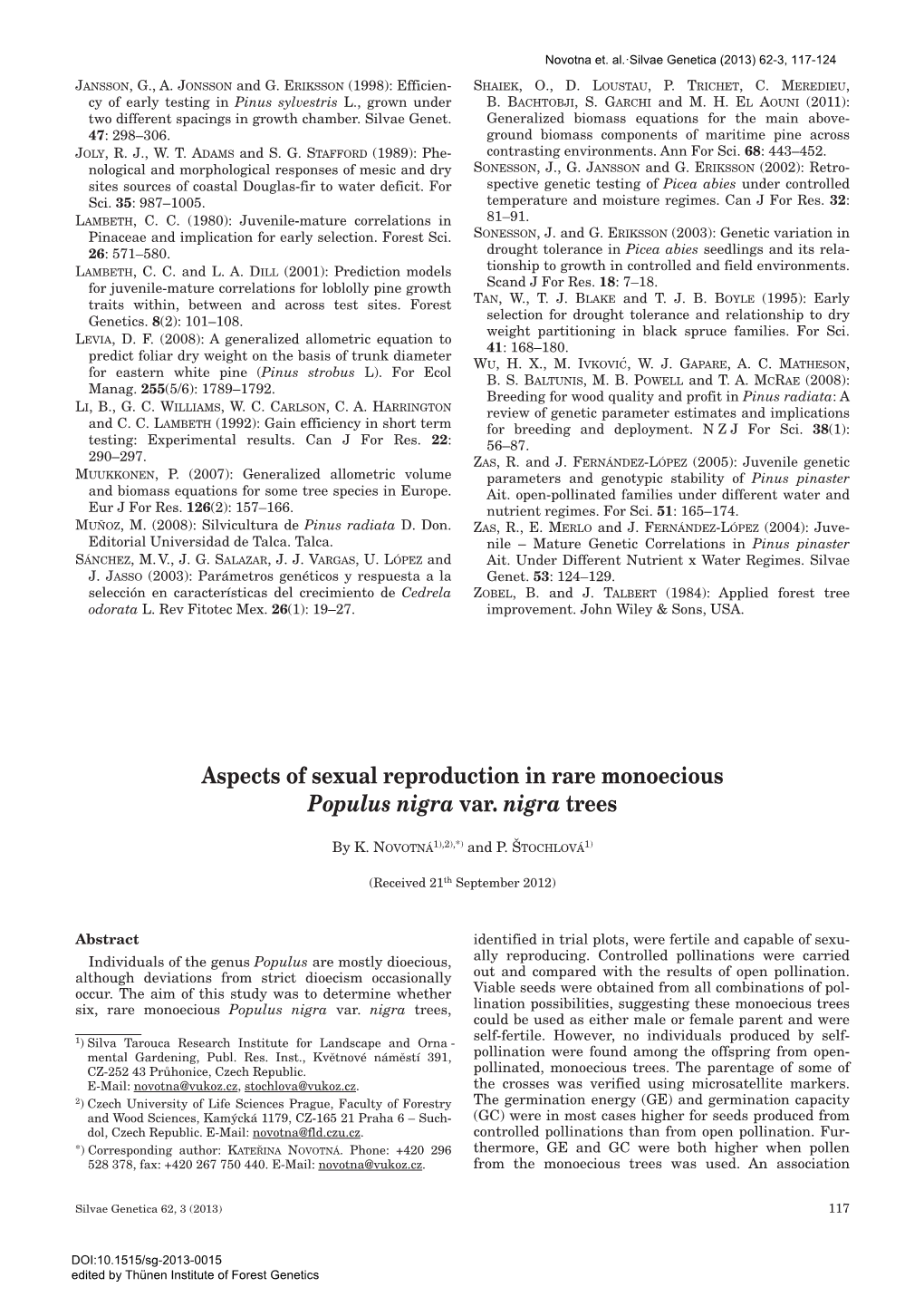 Aspects of Sexual Reproduction in Rare Monoecious Populus Nigra Var