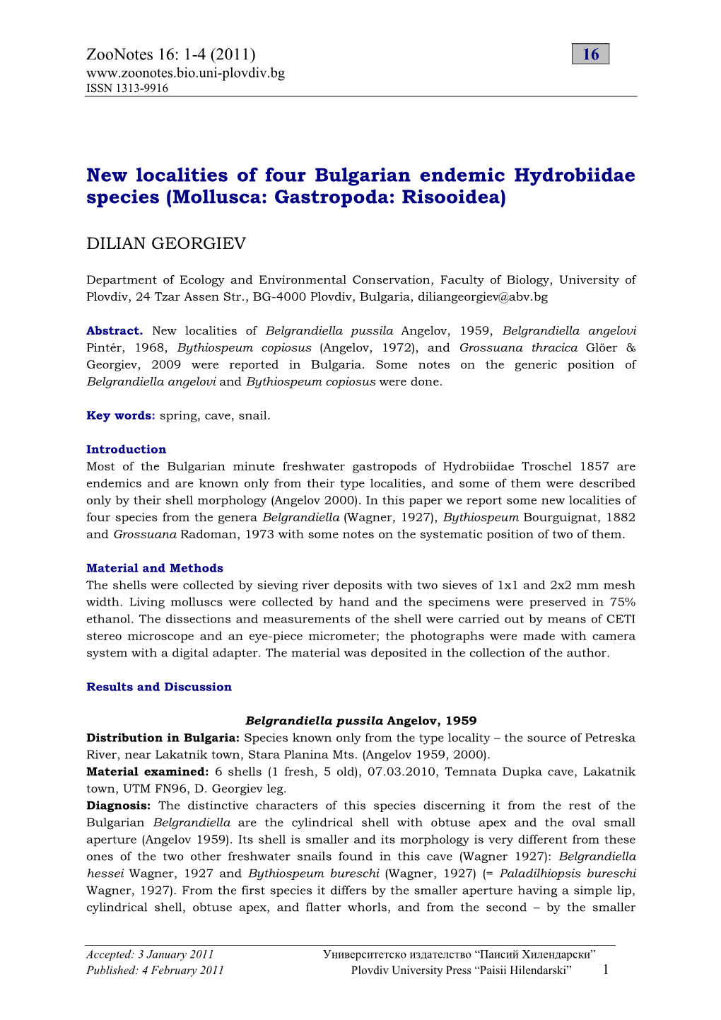 New Localities of Four Bulgarian Endemic Hydrobiidae Species (Mollusca: Gastropoda: Risooidea)