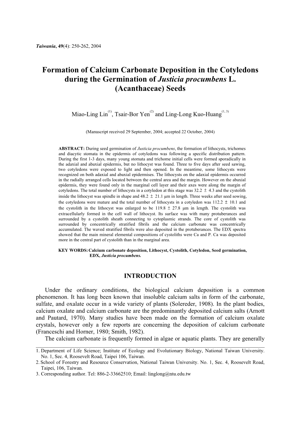 Formation of Calcium Carbonate Deposition in the Cotyledons During the Germination of Justicia Procumbens L. (Acanthaceae) Seeds