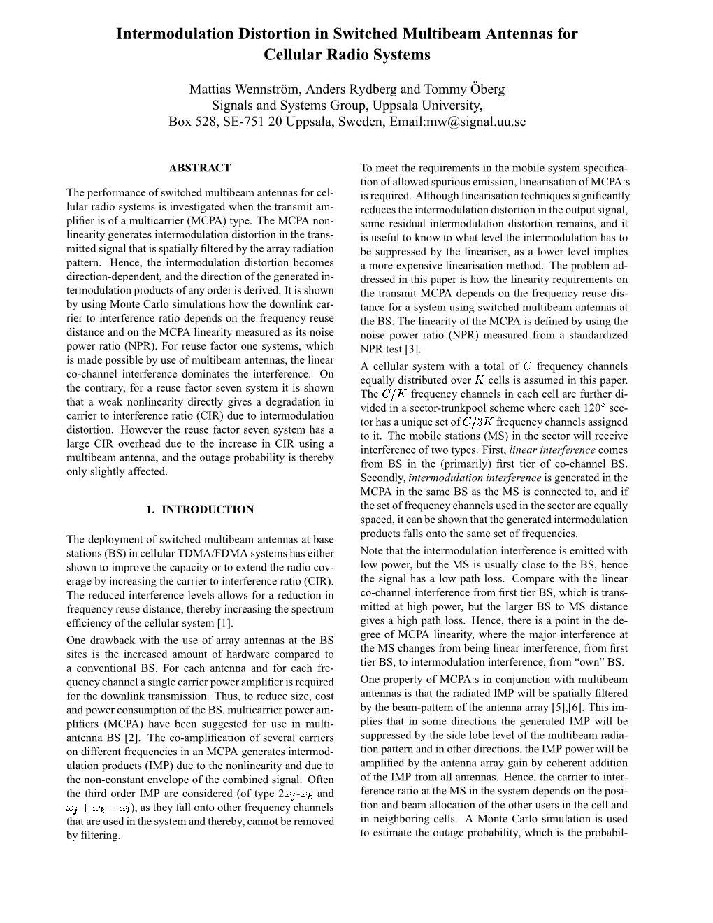 Intermodulation Distortion in Switched Multibeam Antennas for Cellular Radio Systems