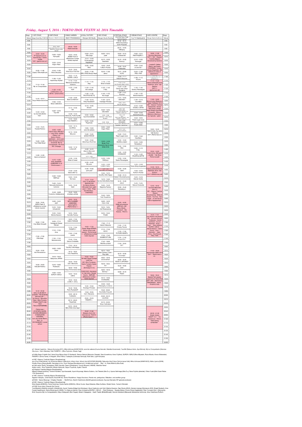 TOKYO IDOL FESTIVAL 2016 Timetable