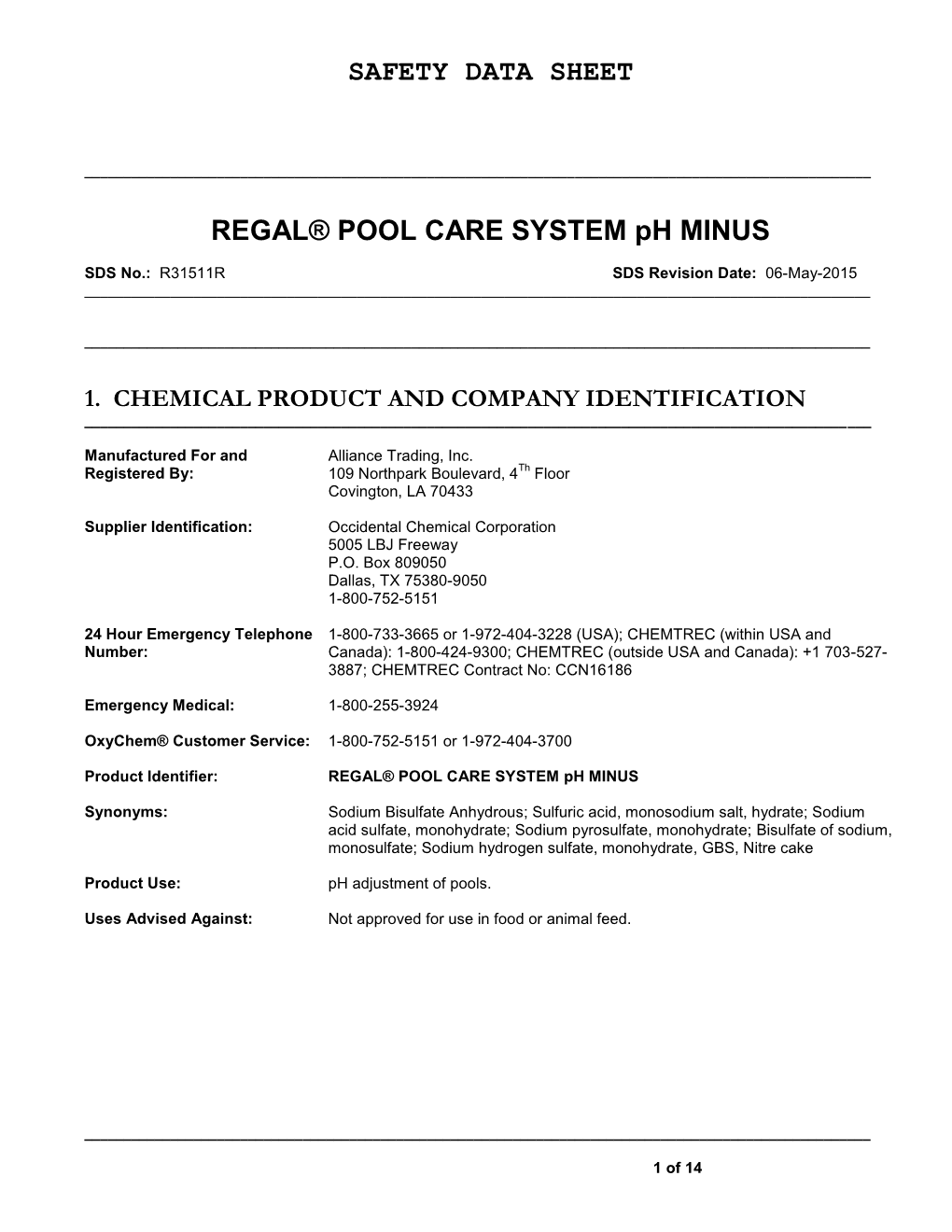 SAFETY DATA SHEET REGAL® POOL CARE SYSTEM Ph MINUS