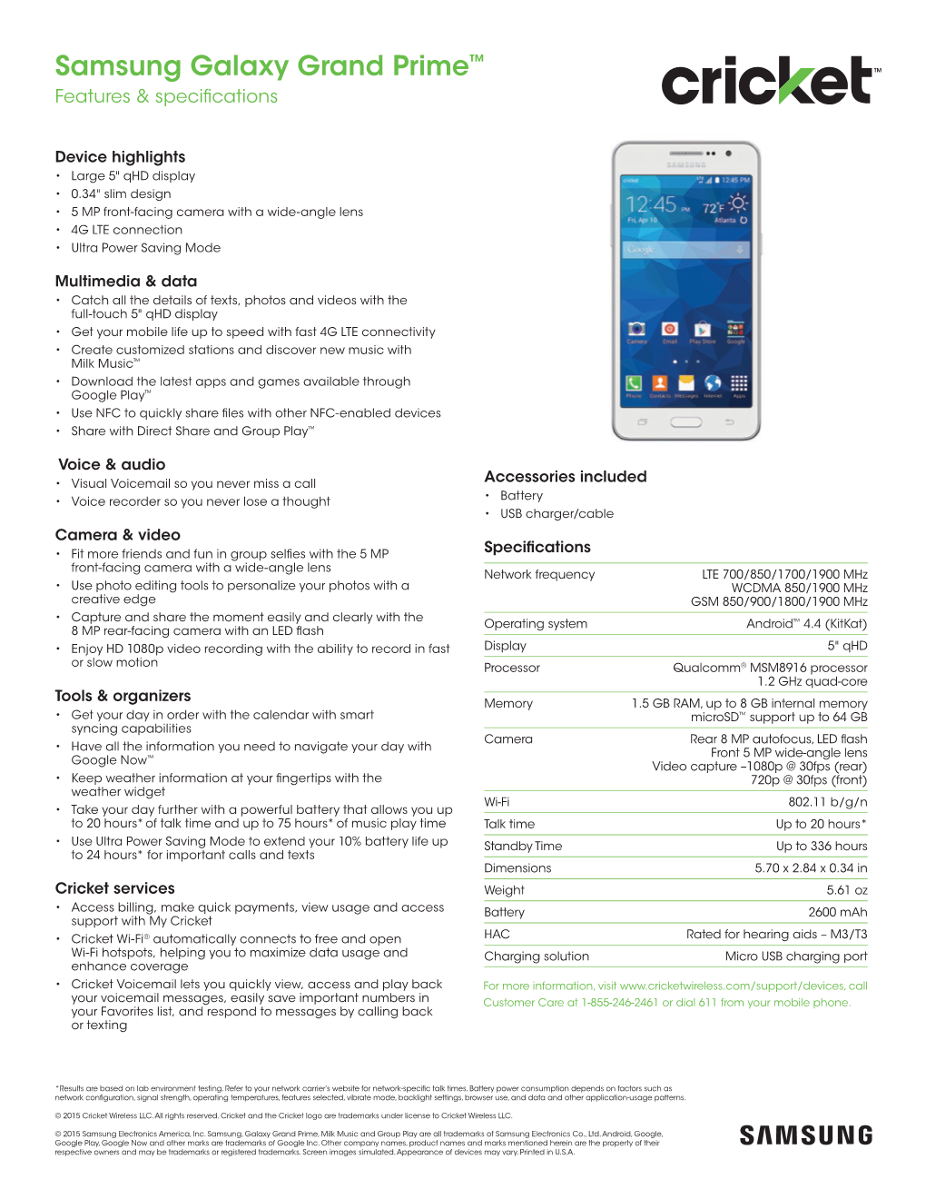 Samsung Galaxy Grand Prime™ Features & Speciﬁ Cations