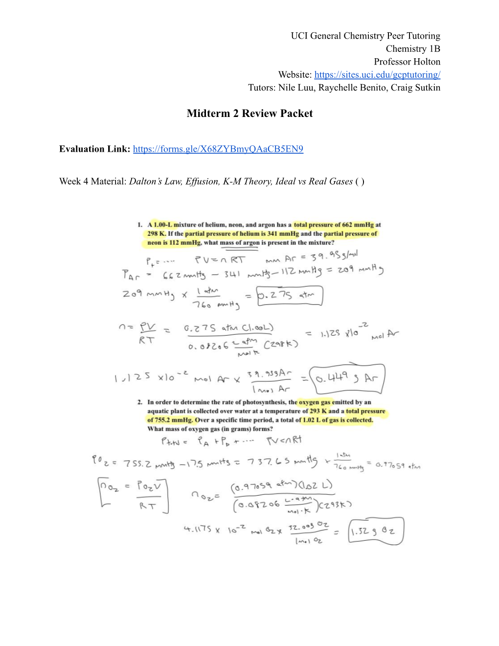 KEY S21 Holton Chem 1B Midterm 2 Review Packet