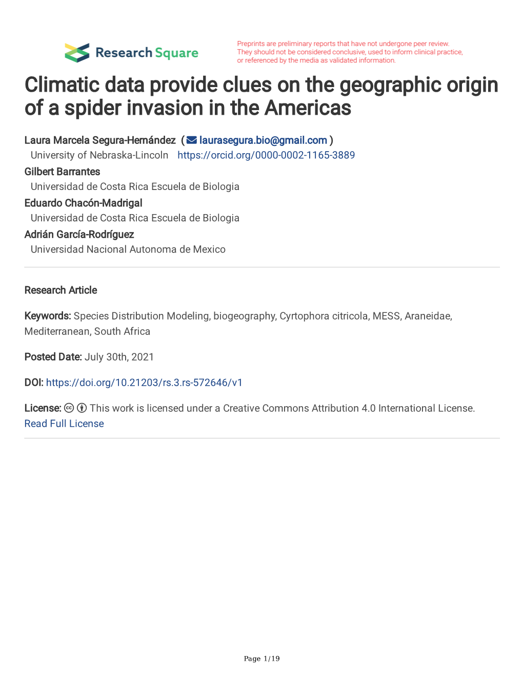 Climatic Data Provide Clues on the Geographic Origin of a Spider Invasion in the Americas