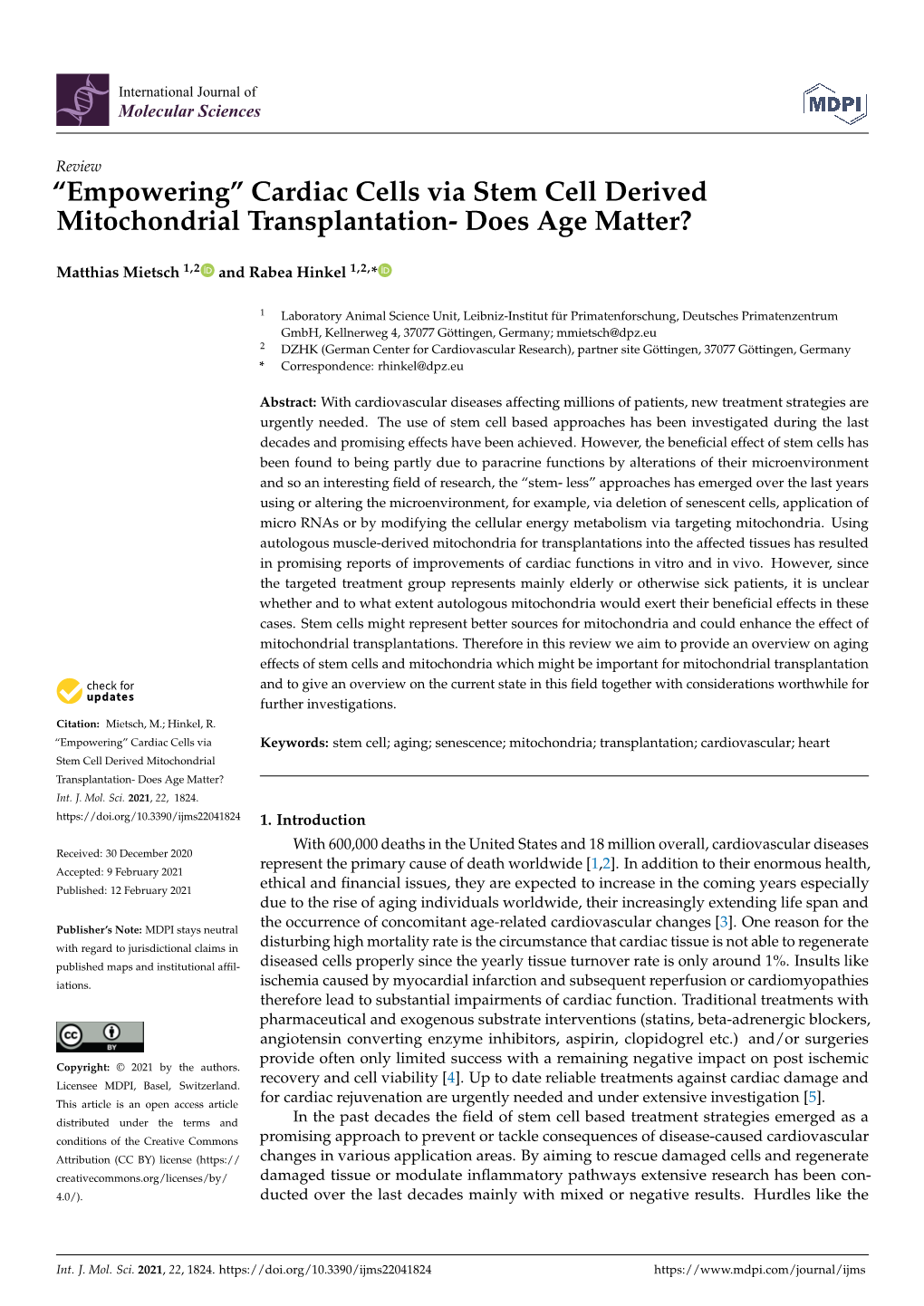 Cardiac Cells Via Stem Cell Derived Mitochondrial Transplantation- Does Age Matter?