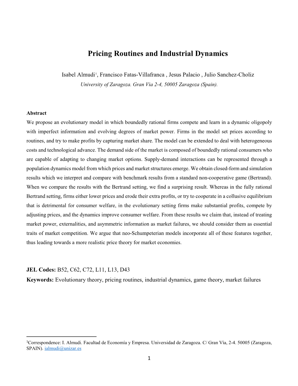 Pricing Routines and Industrial Dynamics