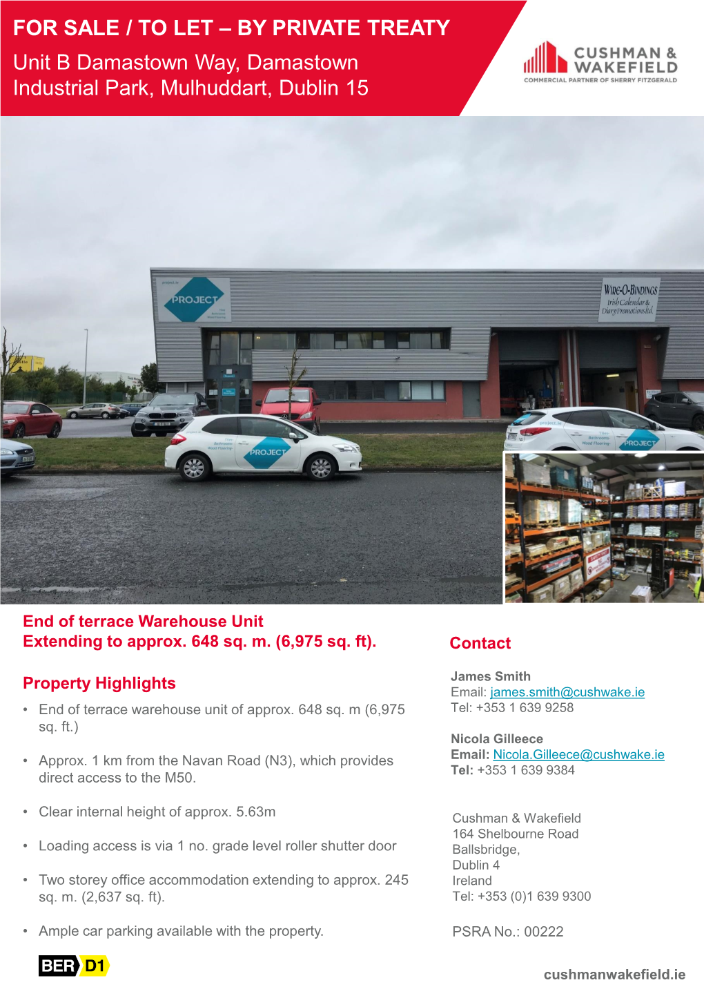 FOR SALE / to LET – by PRIVATE TREATY Unit B Damastown Way, Damastown Industrial Park, Mulhuddart, Dublin 15