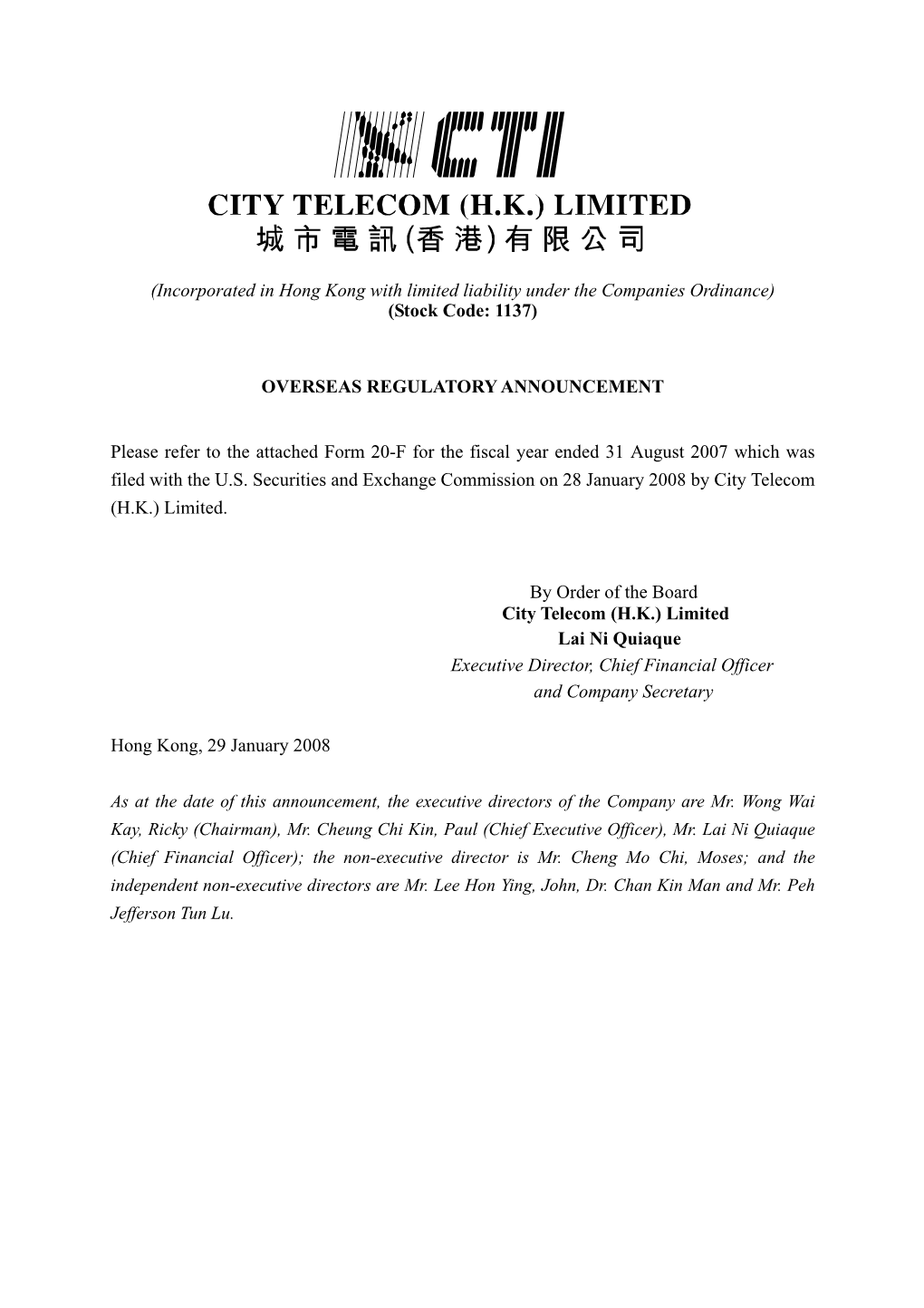 The Stock Exchange of Hong Kong Limited Takes No Responsibility For