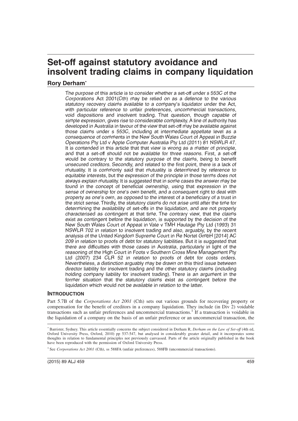 Set-Off Against Statutory Avoidance and Insolvent Trading Claims In