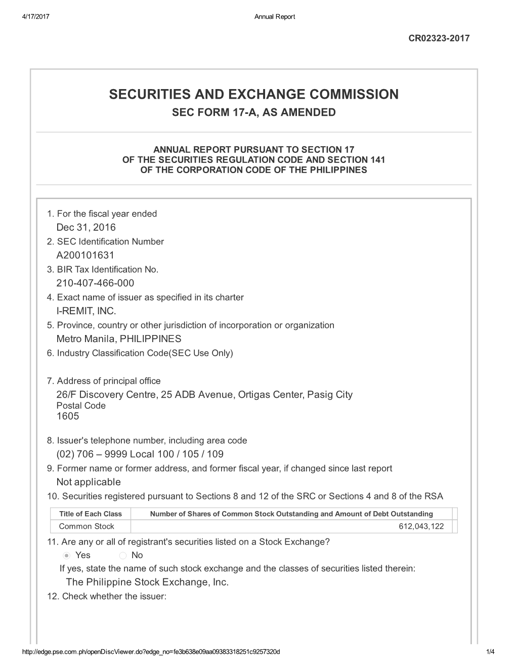 Securities and Exchange Commission Sec Form 17­A, As Amended