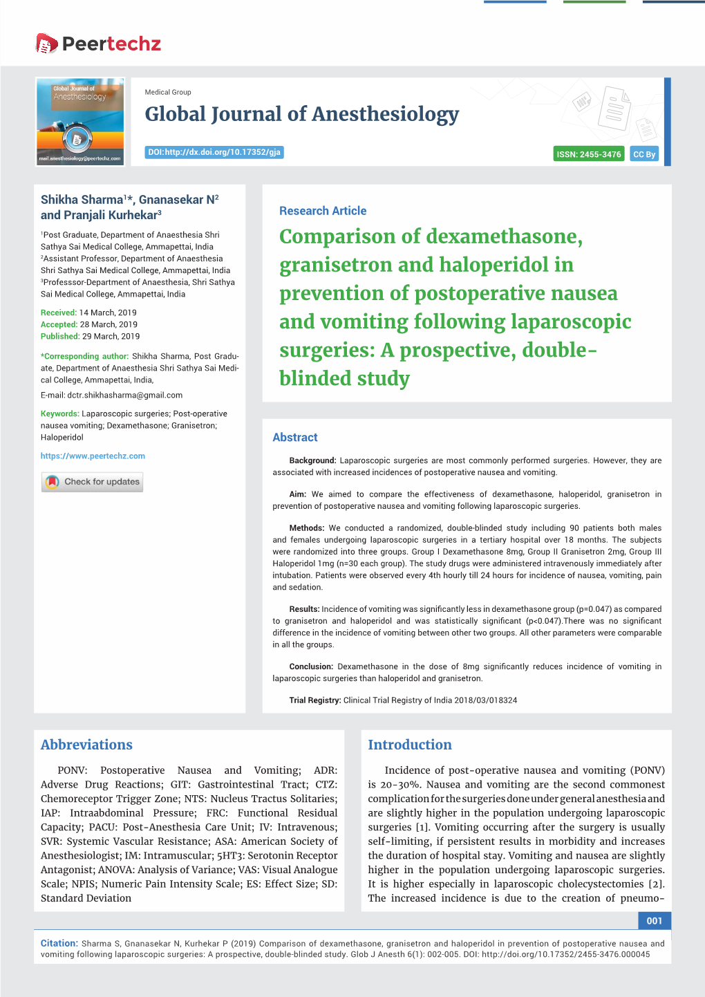 Comparison of Dexamethasone, Granisetron and Haloperidol In