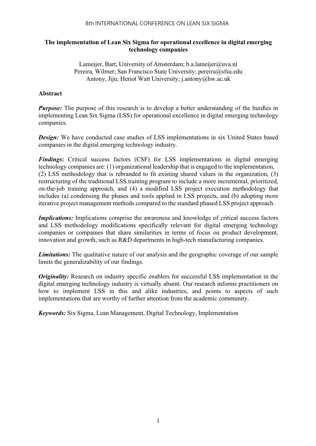 The Implementation of Lean Six Sigma for Operational Excellence in Digital Emerging Technology Companies