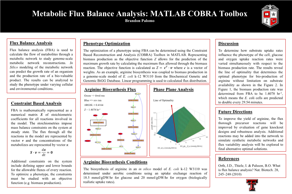 Metabolic Flux Balance Analysis: MATLAB COBRA Toolbox Brandon Palomo