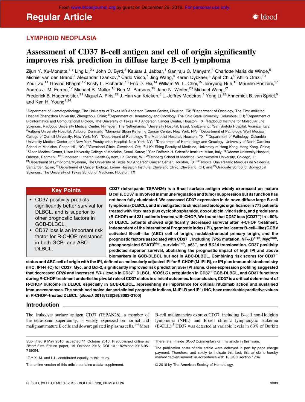 Assessment of CD37 B-Cell Antigen and Cell of Origin Significantly Improves Risk Prediction in Diffuse Large B-Cell Lymphoma