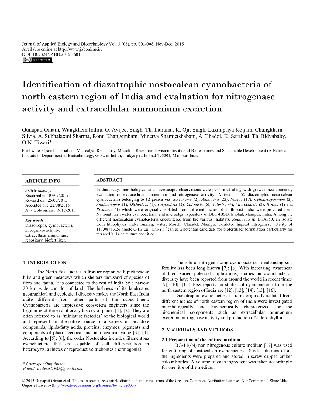 Identification of Diazotrophic Nostocalean Cyanobacteria of North