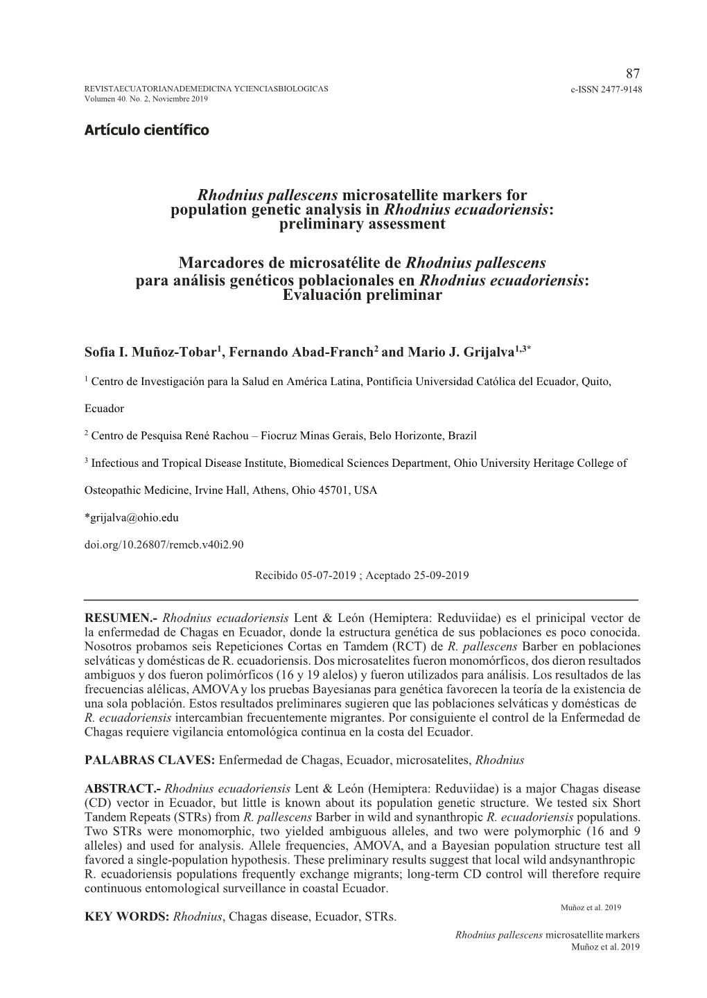 Rhodnius Pallescens Microsatellite Markers for Population Genetic Analysis in Rhodnius Ecuadoriensis: Preliminary Assessment