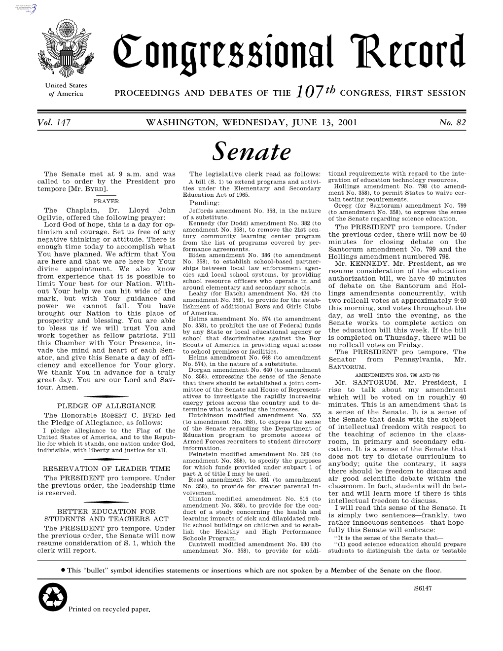 Congressional Record United States of America PROCEEDINGS and DEBATES of the 107Th CONGRESS, FIRST SESSION