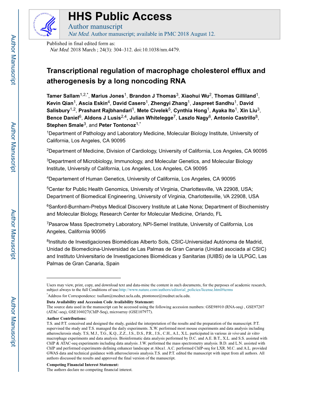 Transcriptional Regulation of Macrophage Cholesterol Efflux and Atherogenesis by a Long Noncoding RNA