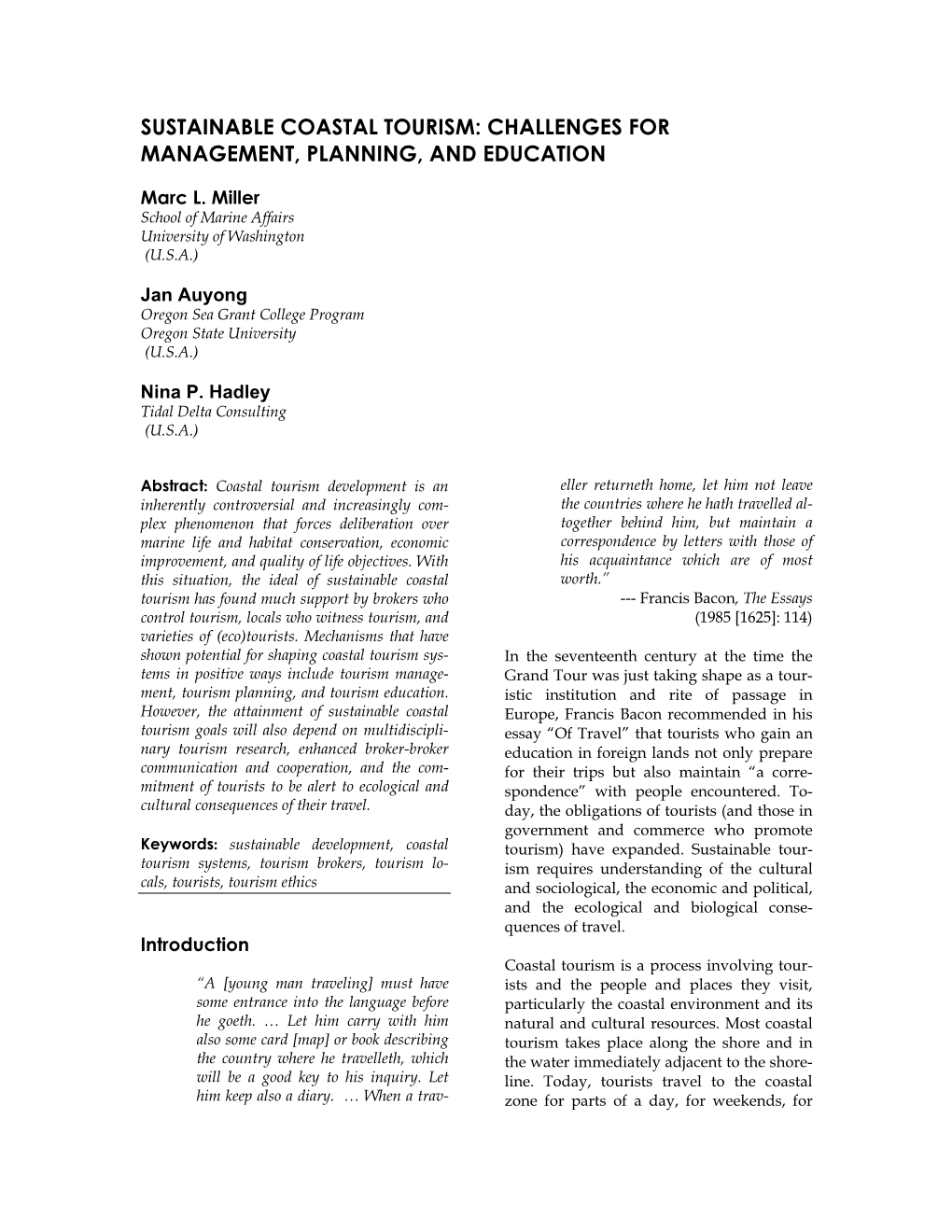 Sustainable Coastal Tourism: Challenges for Management, Planning, and Education