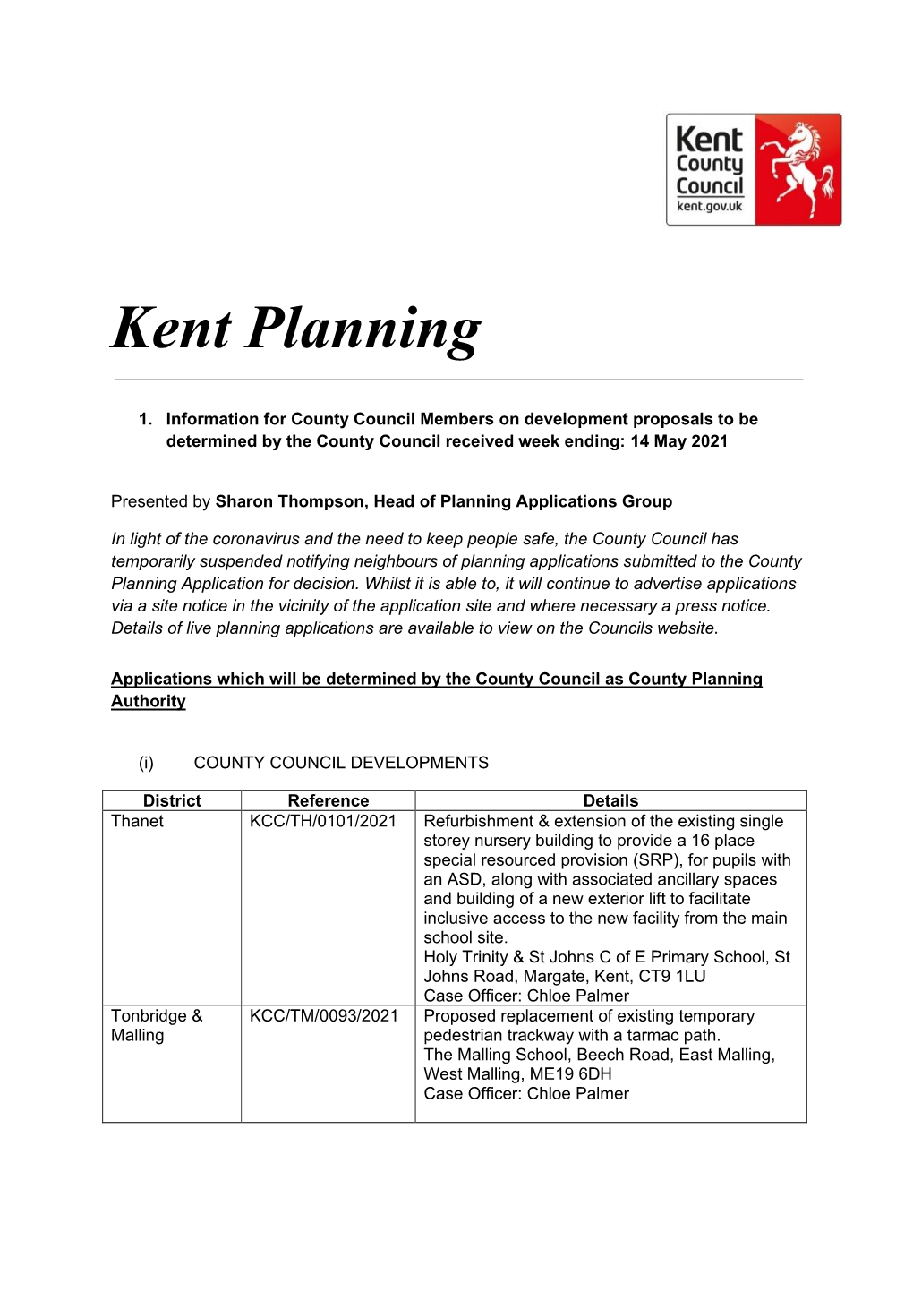 Kent Planning Weekly List 14 May 2021