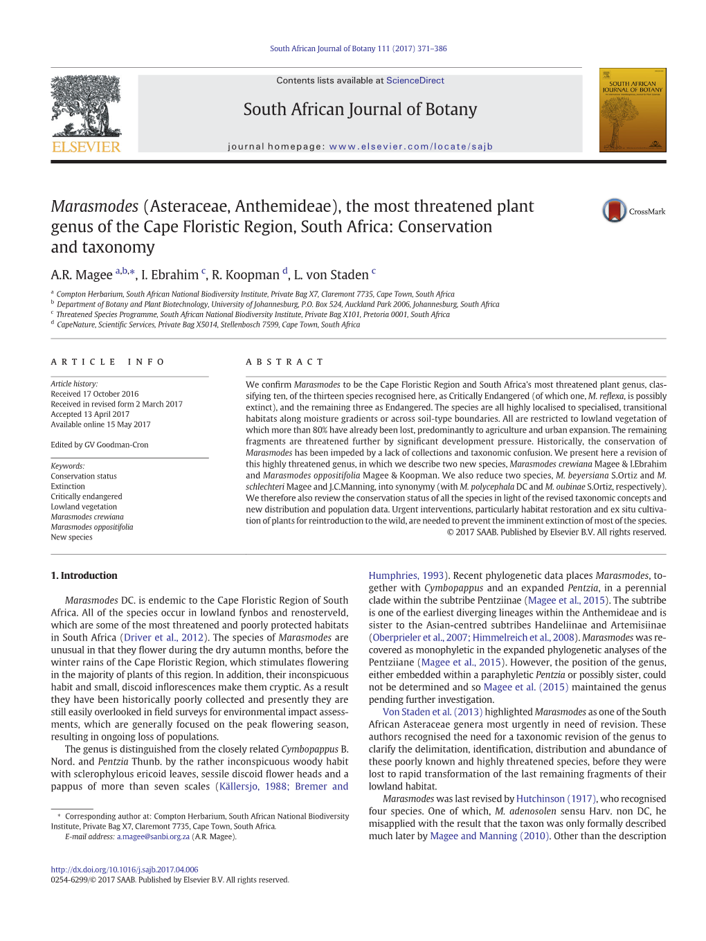 The Most Threatened Plant Genus of the Cape Floristic Region, South Africa: Conservation and Taxonomy