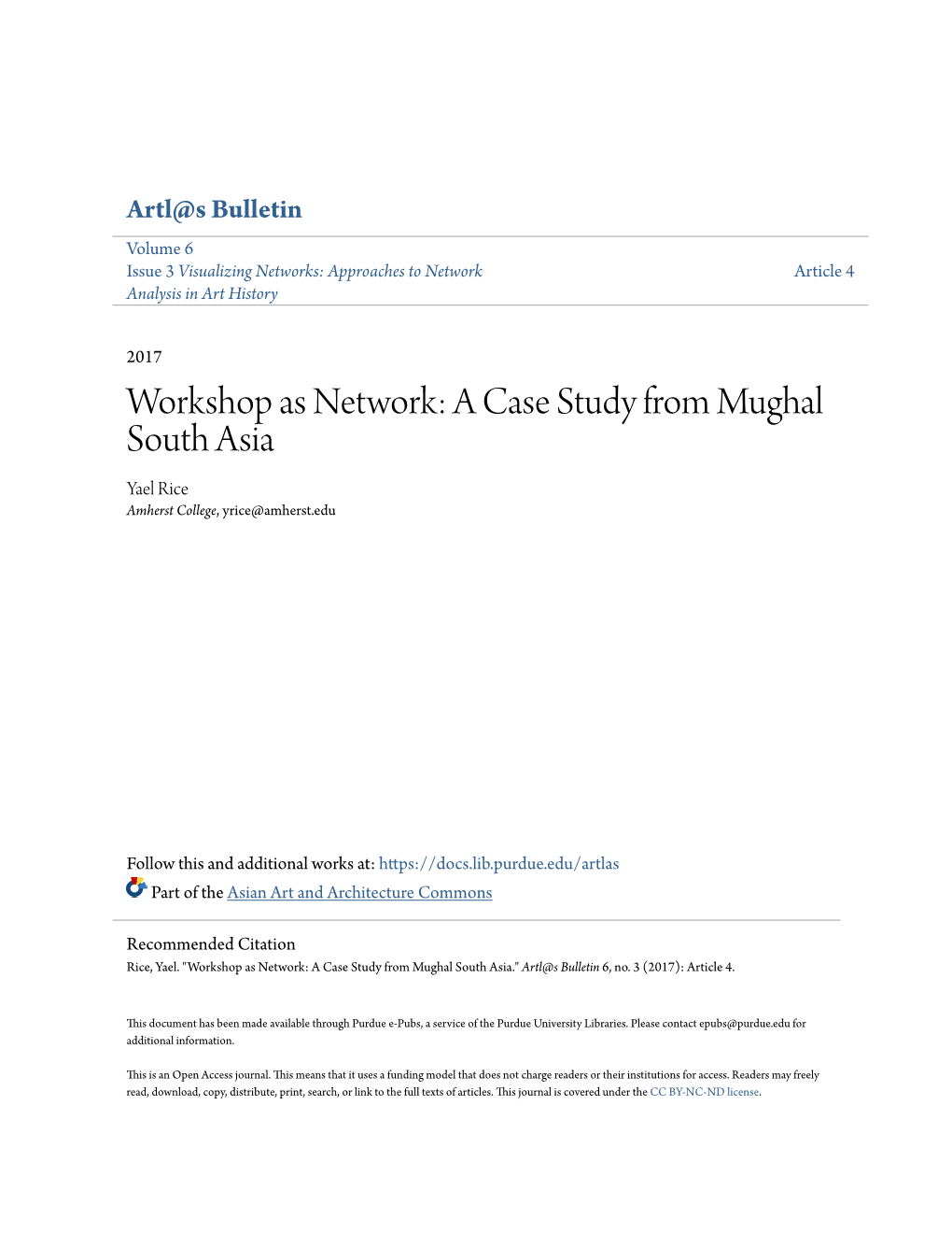 Workshop As Network: a Case Study from Mughal South Asia Yael Rice Amherst College, Yrice@Amherst.Edu