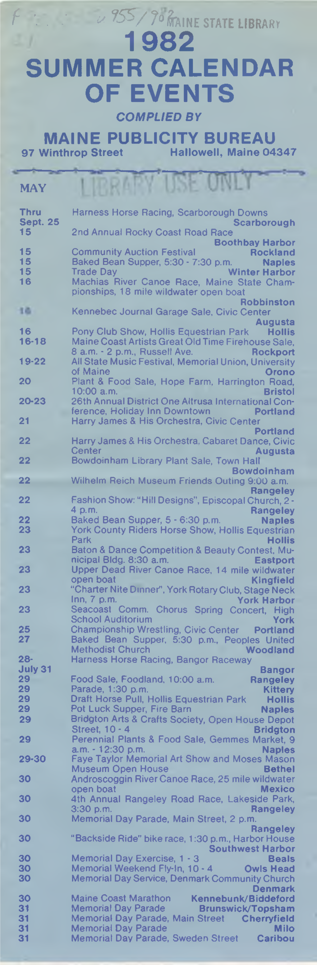 Maine Summer Calender of Events 1982