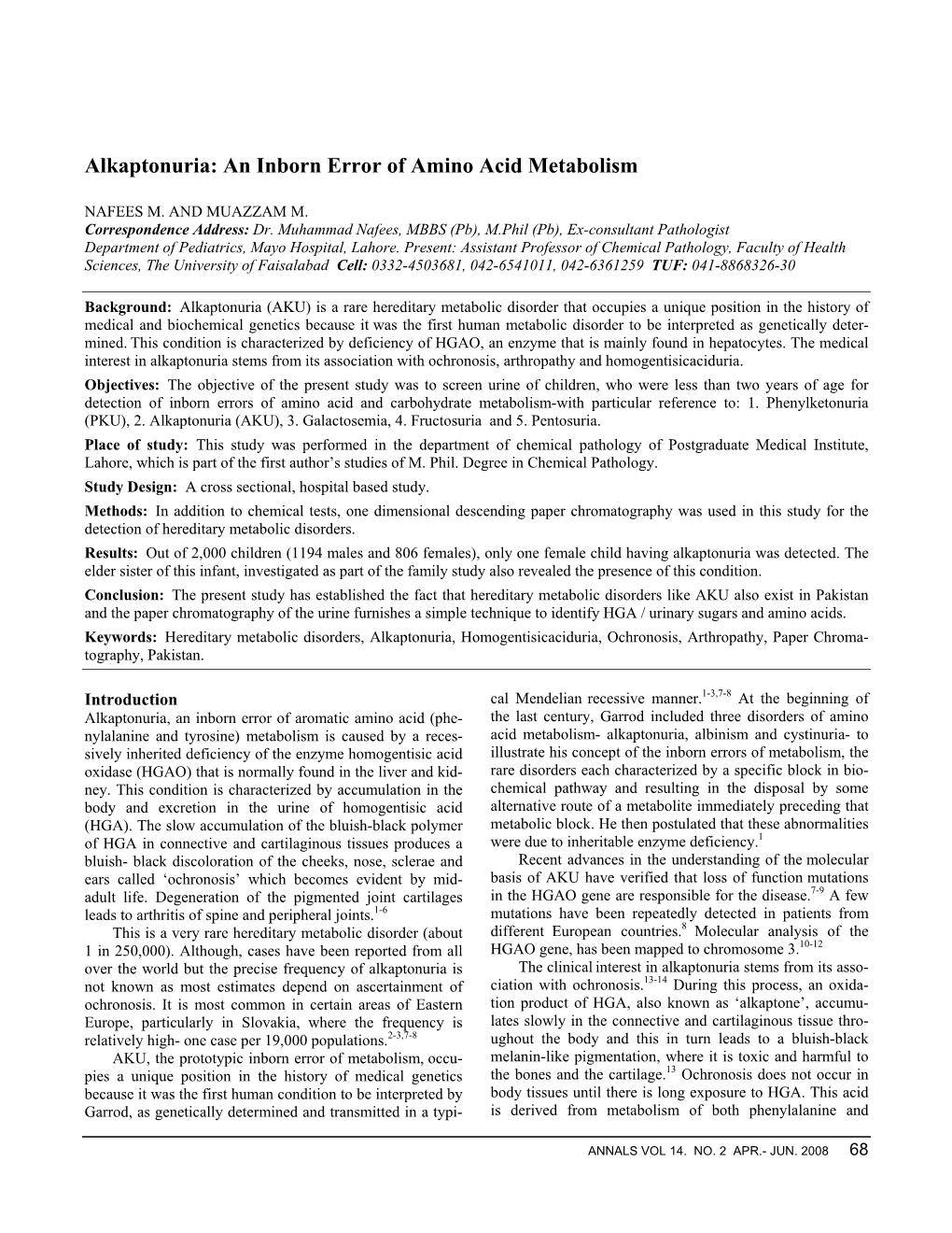 Alkaptonuria- an Inborn Error of Amino Acid Metabolism