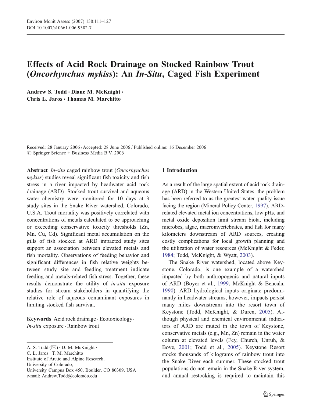 Effects of Acid Rock Drainage on Stocked Rainbow Trout (Oncorhynchus Mykiss): an In-Situ, Caged Fish Experiment