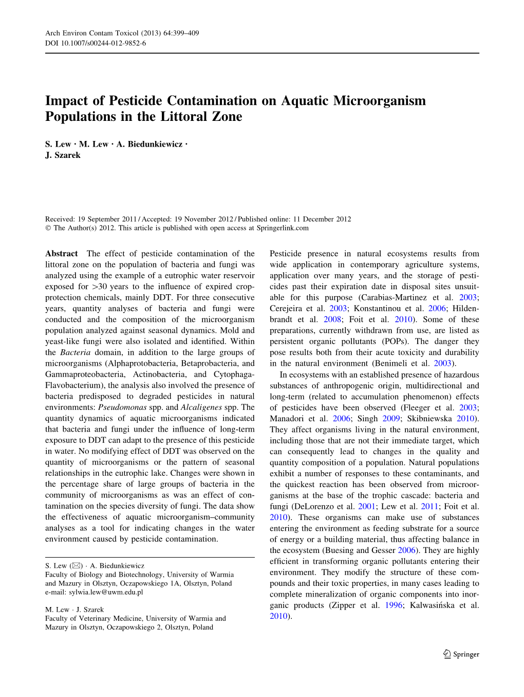 Impact of Pesticide Contamination on Aquatic Microorganism Populations in the Littoral Zone