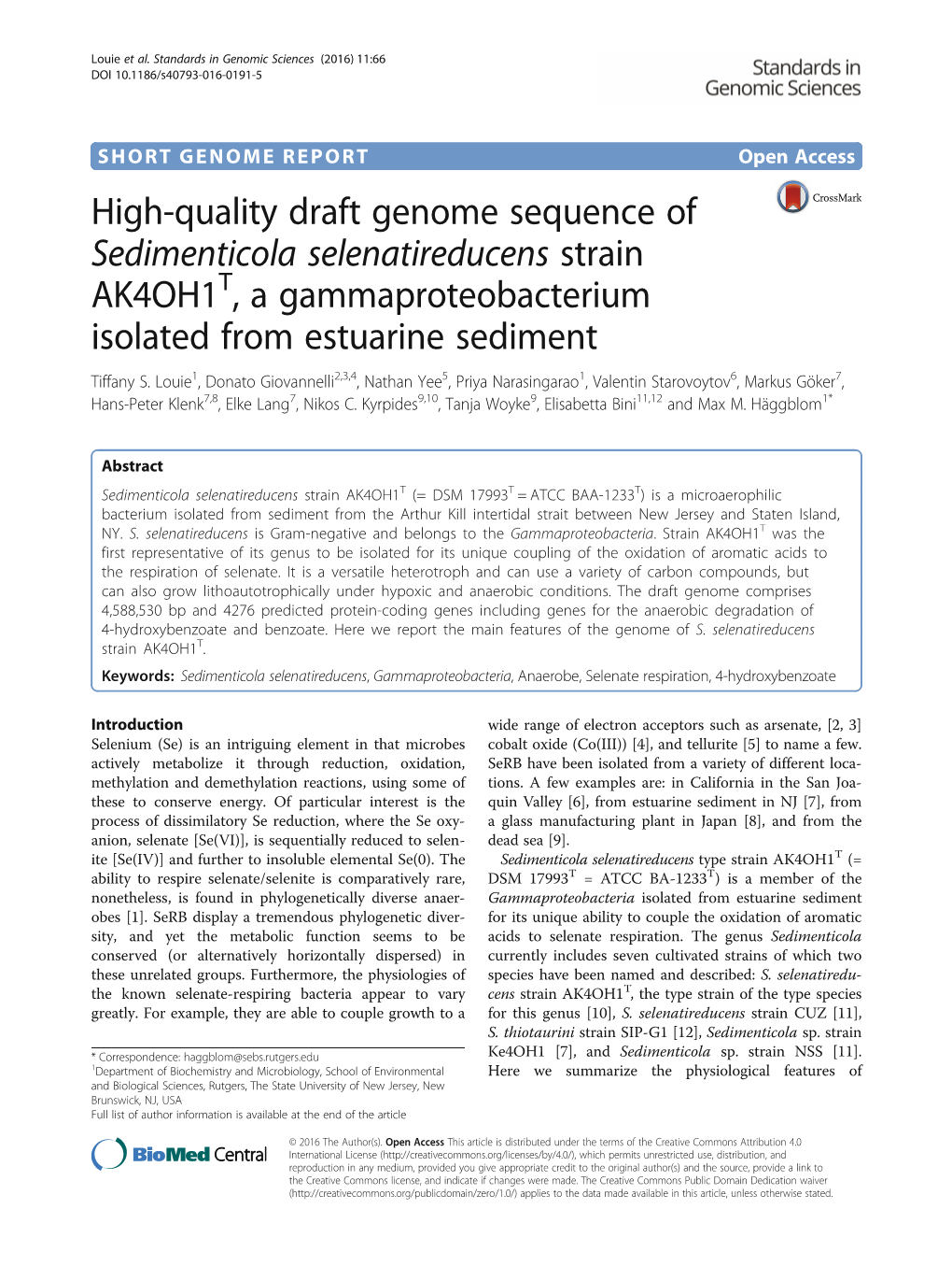 High-Quality Draft Genome Sequence of Sedimenticola Selenatireducens Strain AK4OH1T, a Gammaproteobacterium Isolated from Estuarine Sediment Tiffany S