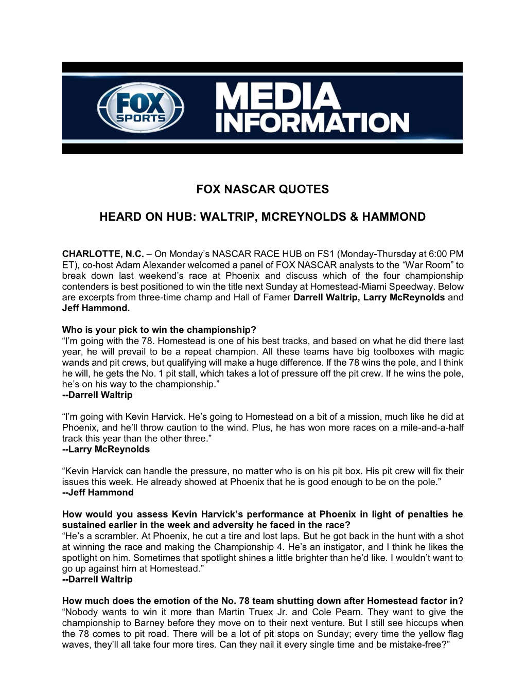 Fox Nascar Quotes Heard On